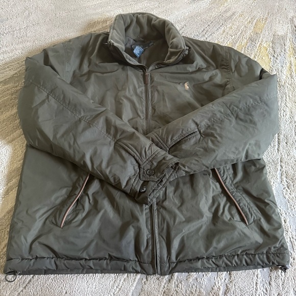 Polo Ralph Lauren Olive Green Jacket brown Leather accents hood casual large - Picture 1 of 13
